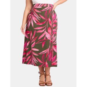 NEW Time & Tru SZ XL Women's Linen-Blend Slip Skirt w/Side Slit Green/Pink